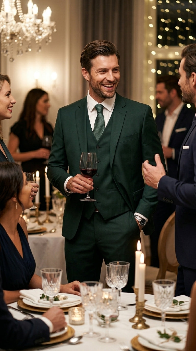 Men’s Hunter Green Vested Suit, Statement Formal Wedding Prom 3 Piece Suit Set