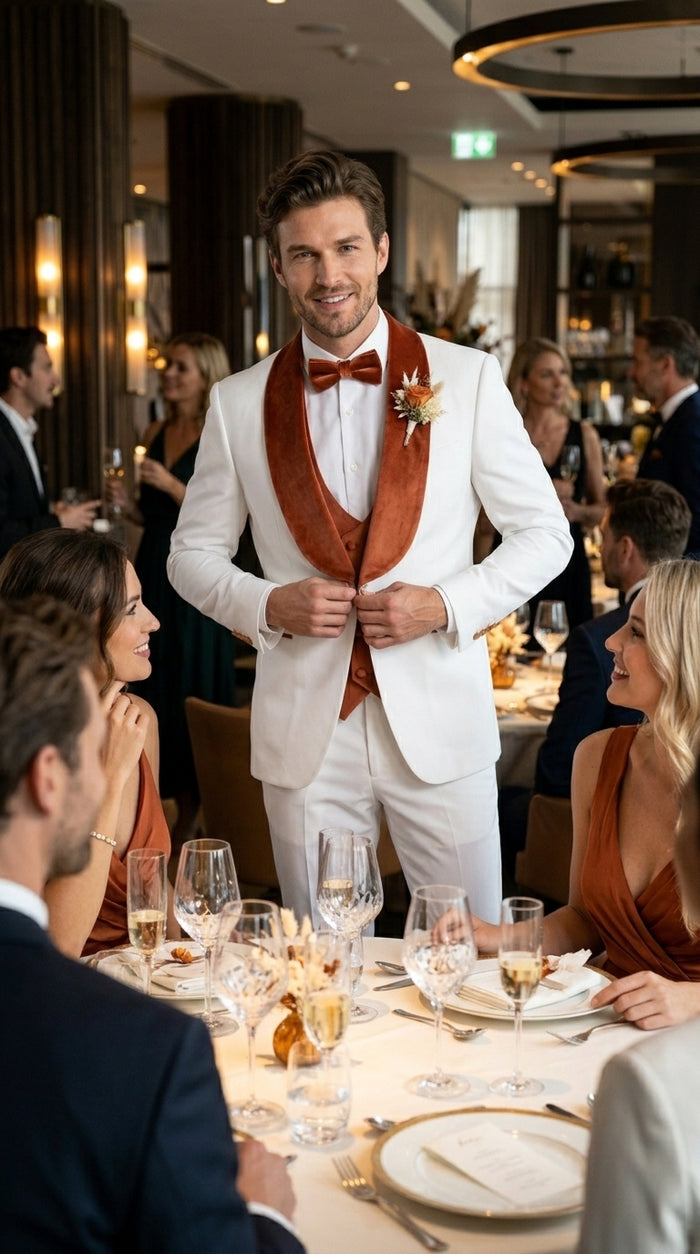 Men’s Cream Wedding Suit with Orange Contrast Shawl Lapel, Vested Groom Formal Suit Set