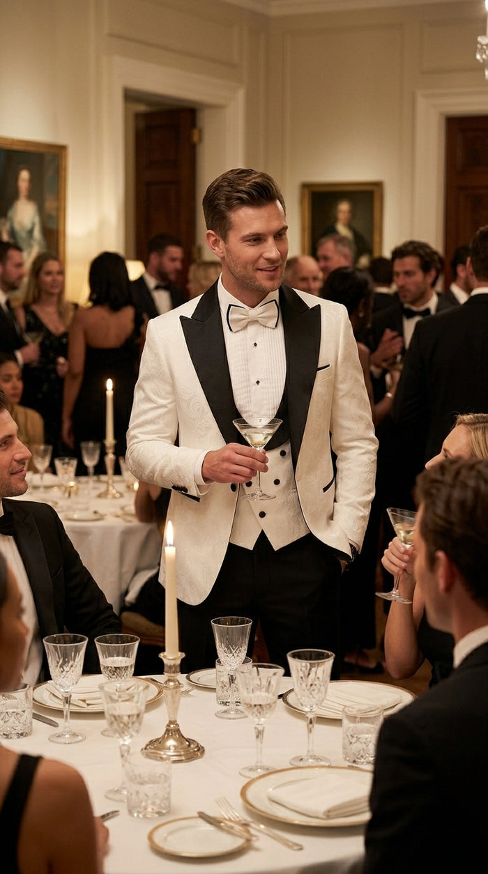 Statement Men’s White and Black Vested Tuxedo, Peak Lapel Wedding Prom Formal Suit with Bow Tie