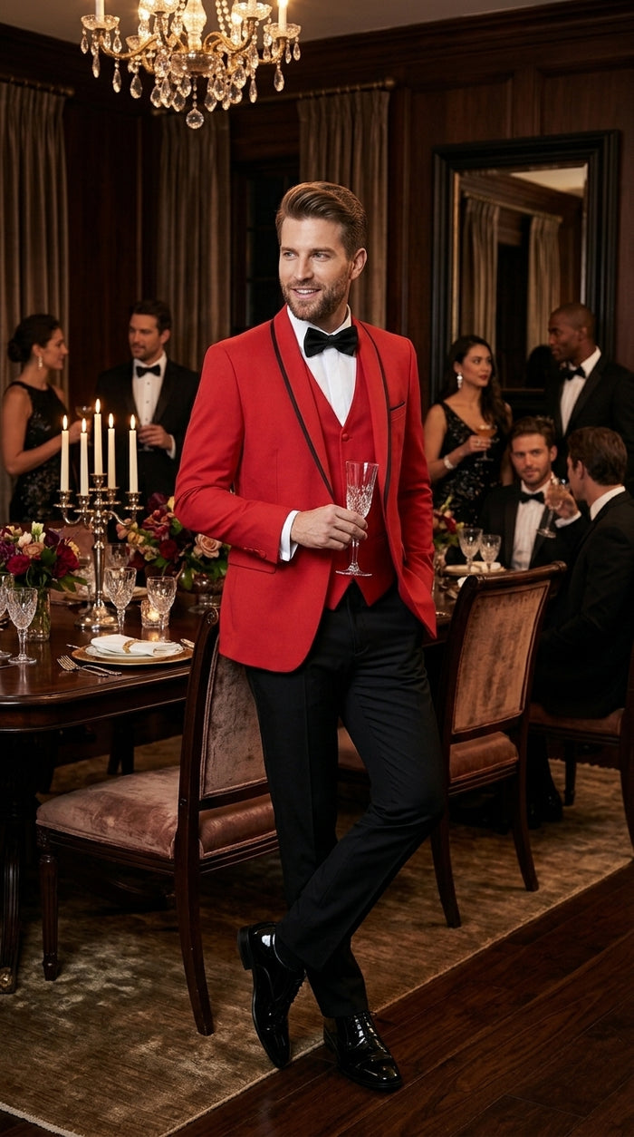 Statement Men’s Red 100% Wool Vested Tuxedo with Black Trim Fine Lapel, Wedding Prom Formal Suit Set