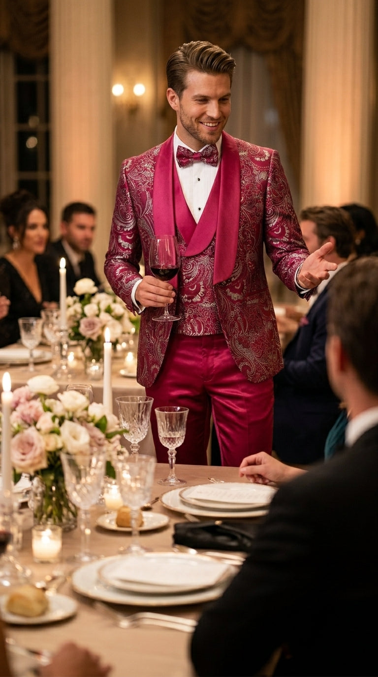 Statement Men’s Red Patterned Vested Tuxedo with Bowtie, Paisley Formal Wedding Prom Suit Set