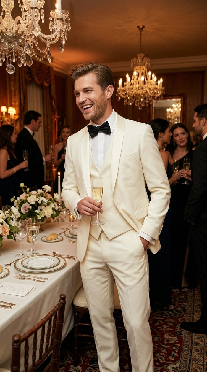 Statement Men’s Off White 100% Wool Vested Tuxedo with White Lapel, Wedding Prom Formal Suit Set