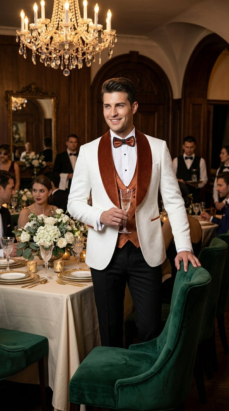 Men’s White Paisley Tuxedo with Burnt Orange Velvet Shawl Lapel, Formal Wedding Prom Dinner Suit - Orange and White