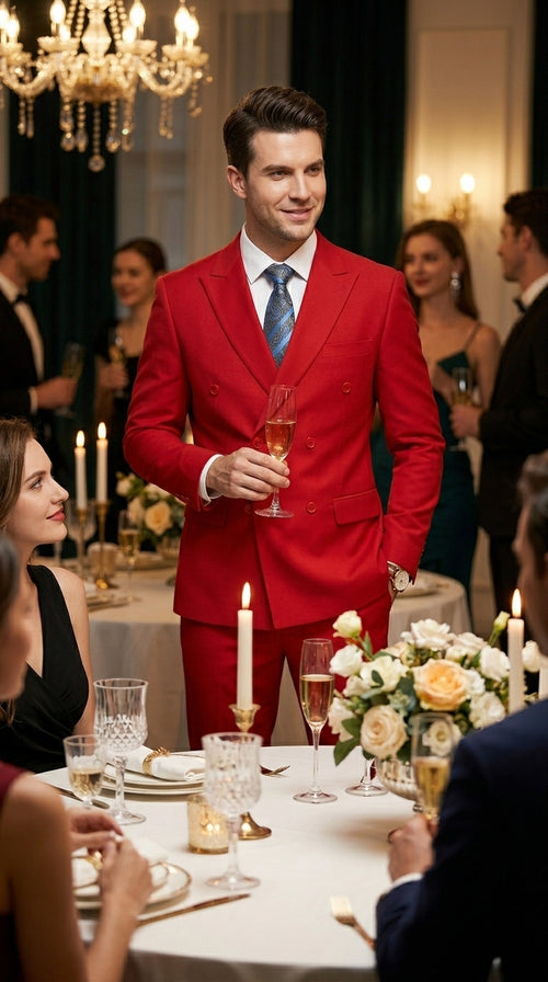 Men’s Red Double Breasted Poplin Suit, Classic Formal Wedding Church Business Suit Set