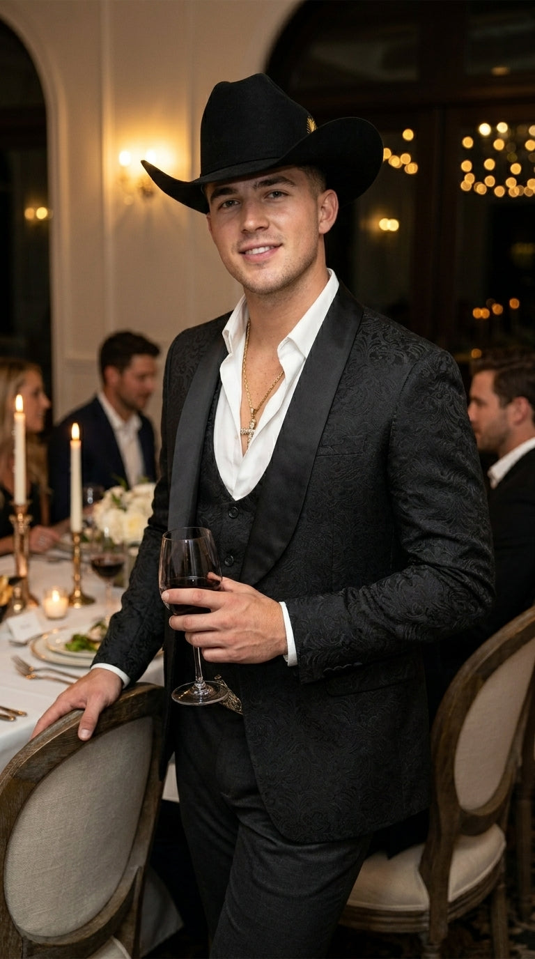 Men’s Black Paisley Jacquard Western Formal Blazer with Satin Shawl Lapel, Designer Jacket