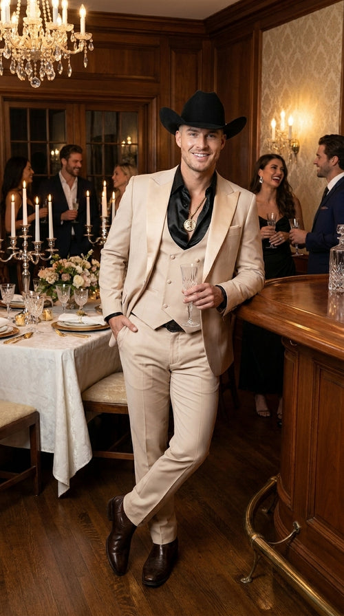 Mens Light Beige Western 3-Piece Suit – Cowboy Tuxedo with Shawl Lapel