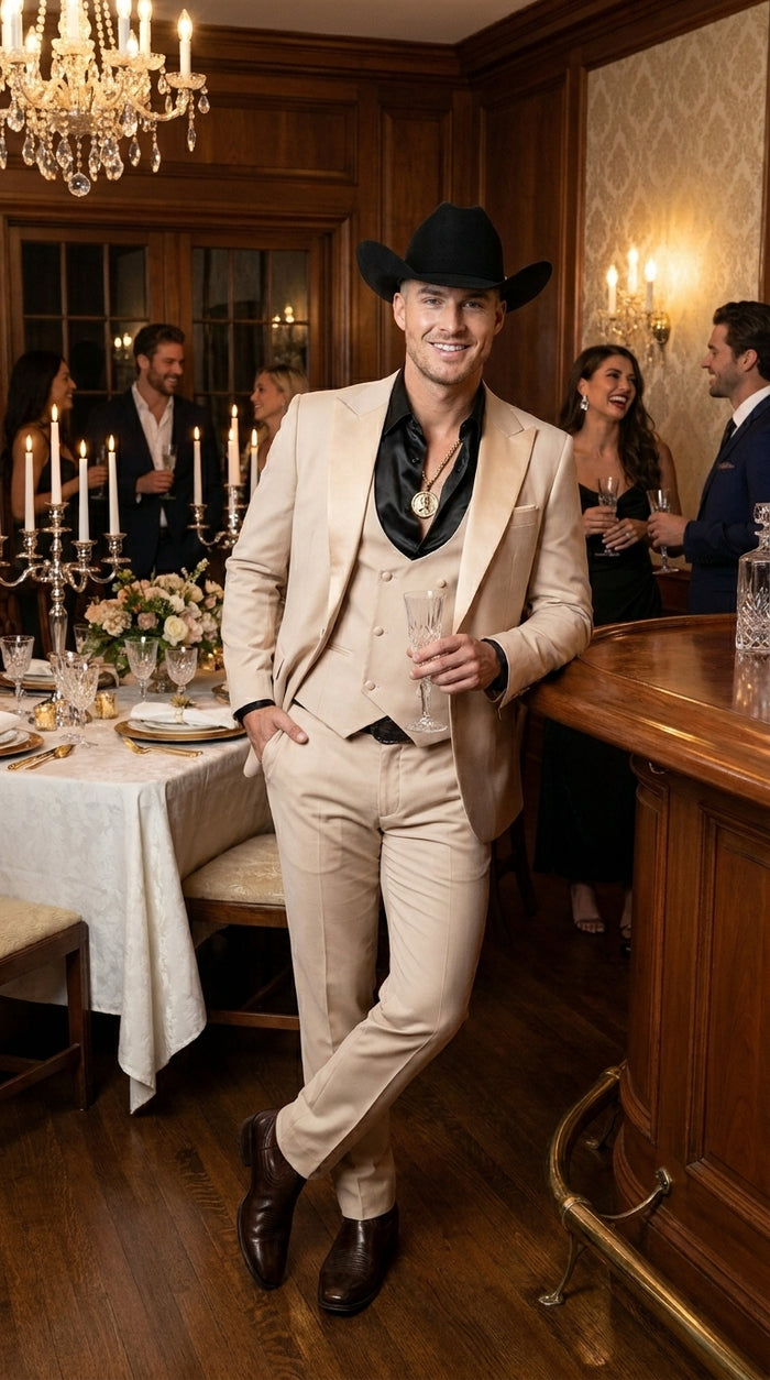 Mens Light Beige Western 3-Piece Suit – Cowboy Tuxedo with Shawl Lapel
