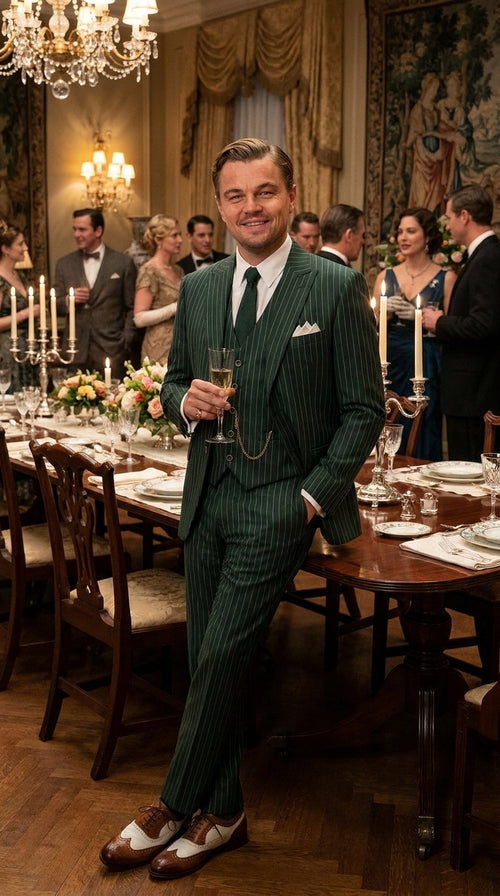 Men’s Hunter Green Pinstripe 1920s Gangster 3 Piece Suit, Great Gatsby Formal Outfit for Weddings, Prom, Parties, and Theme Events