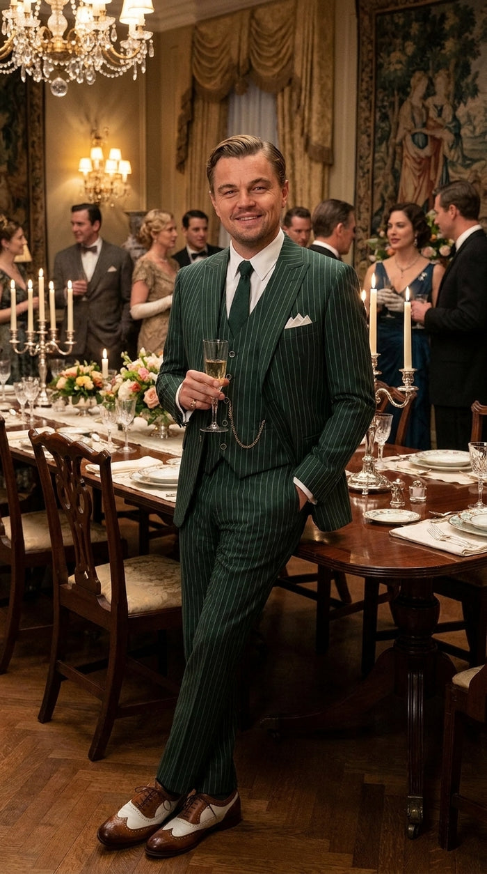 Men’s Hunter Green Pinstripe 1920s Gangster 3 Piece Suit, Great Gatsby Formal Outfit for Weddings, Prom, Parties, and Theme Events