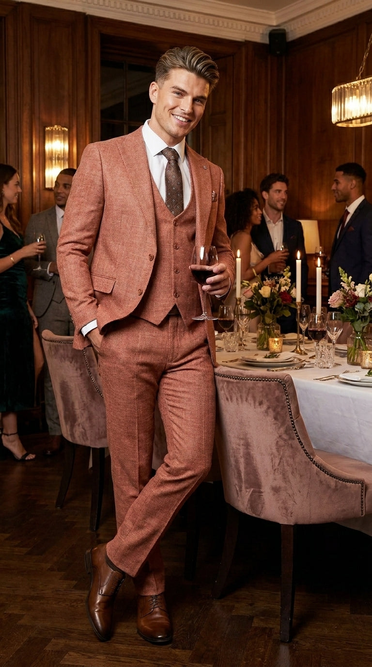 Stacy Adams Men’s Brown Textured Windowpane 3 Piece Hybrid Fit Suit, Black and Orange Check Formal Dress Suit for Weddings, Prom, Business Events, and Parties