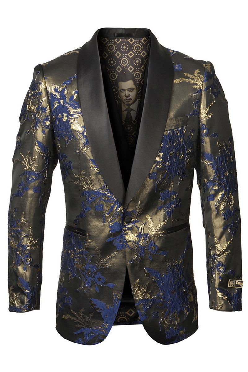 "Paisley Prom Tuxedo Jacket for Men - Shiny Satin in Navy & Gold"