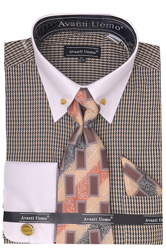 "French Cuff Men's Dress Shirt Set, Beige Houndstooth with Contrast Collar"