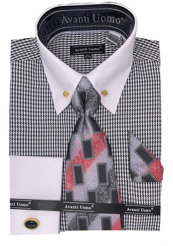 Houndstooth Men's Dress Shirt Set - French Cuff, Contrast Collar - 15Â½ 33/34