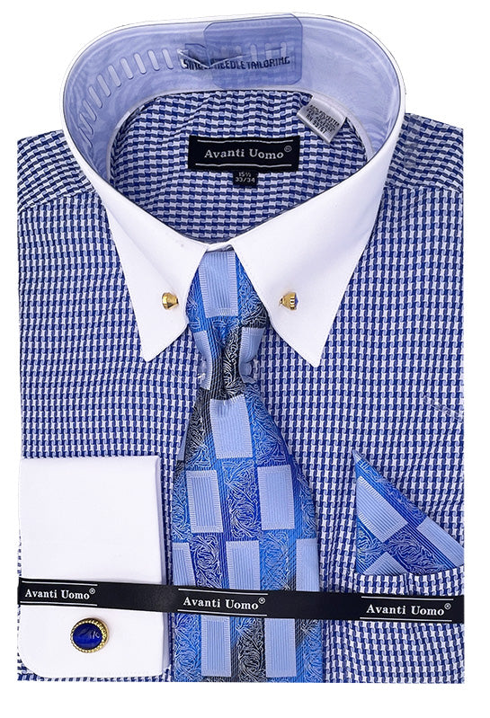"Blue Houndstooth Men's French Cuff Dress Shirt with Contrast Collar"