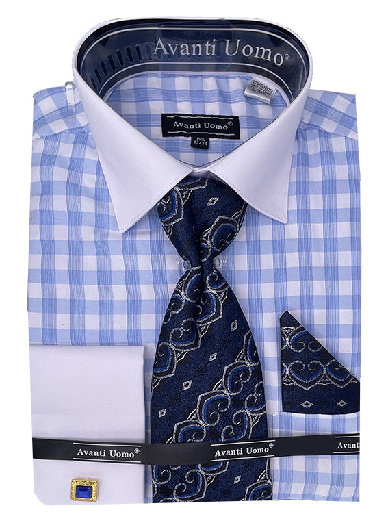 "Checkered Plaid Dress Shirt Set, Men's French Cuff with Contrast Collar - Light Blue"