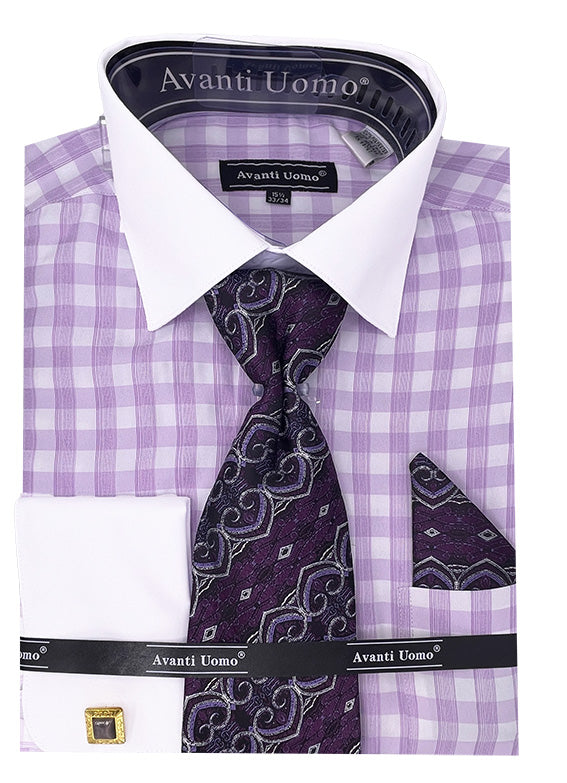 Lilac Checkered Plaid Men's Dress Shirt Set with Contrast Collar & French Cuffs - 15Â½ 33/34