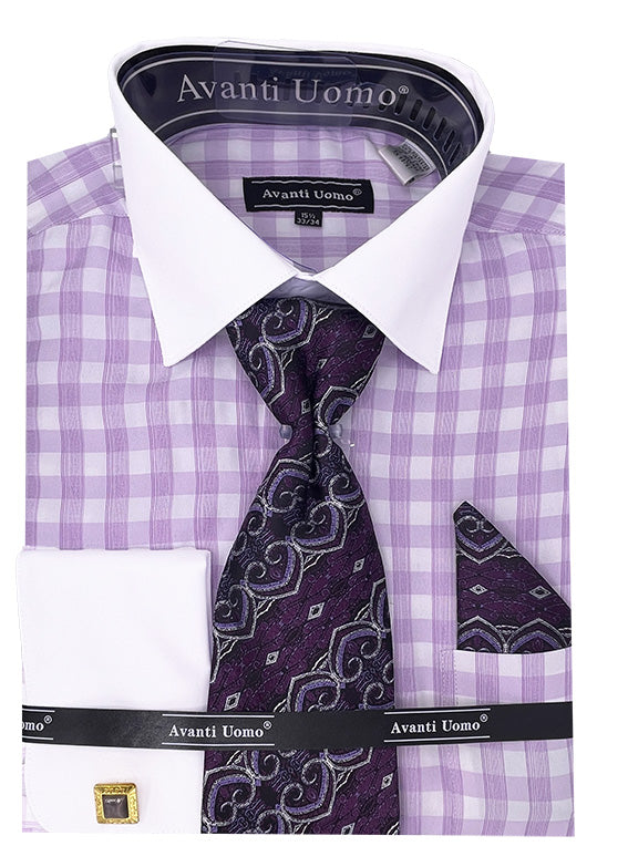 Lilac Checkered Plaid Men's Dress Shirt Set with Contrast Collar & French Cuffs