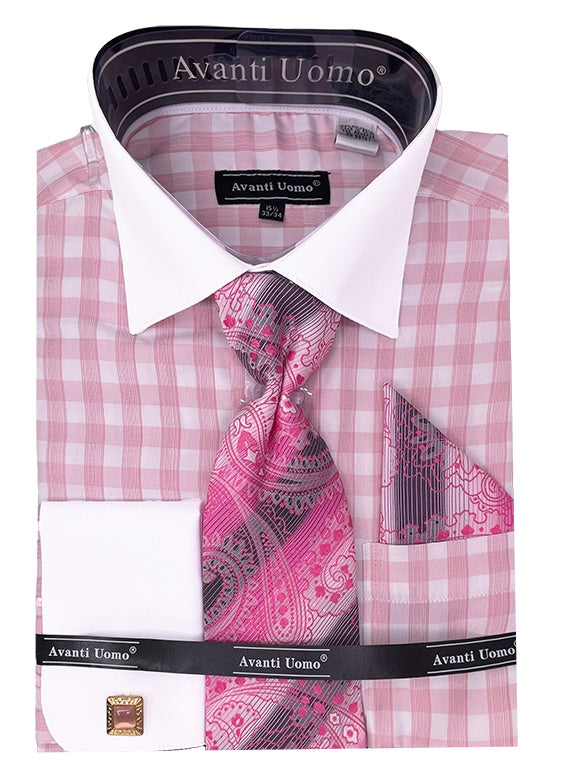 "Men's Pink Checkered Plaid Dress Shirt Set with Contrast Collar & French Cuffs"