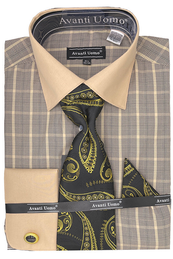 "Black French Cuff Dress Shirt Set - Men's Tonal Check Print with Contrast Collar"