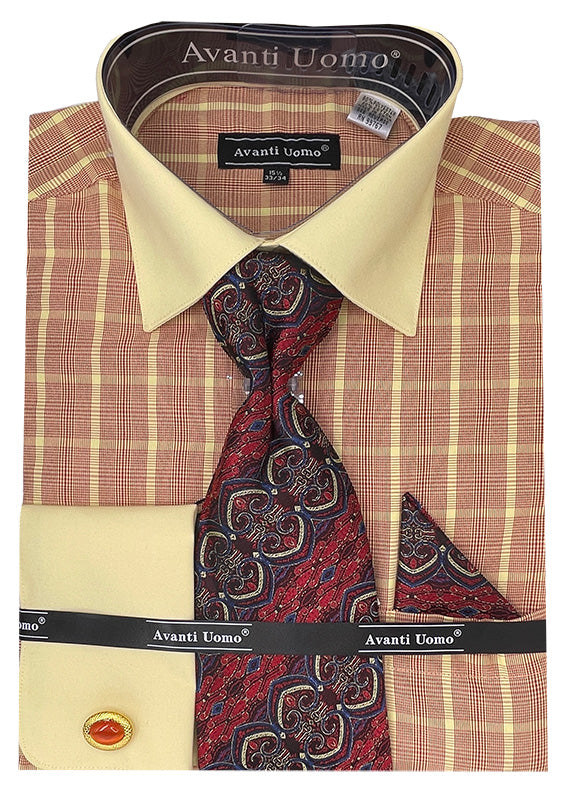 "Red Check Print Men's Dress Shirt Set - French Cuff, Contrast Collar"