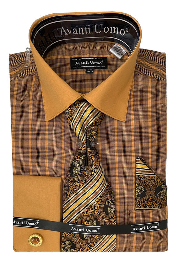 "Rust Check Print French Cuff Dress Shirt Set for Men"