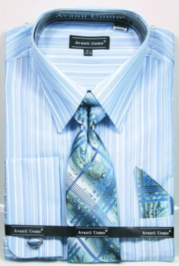Blue Men's Stripe French Cuff Dress Shirt, Tie & Hanky Set