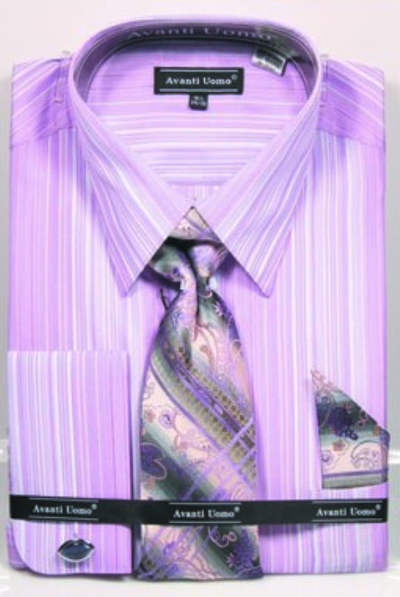Lavender Men's French Cuff Dress Shirt Set with Tonal Stripe, Tie & Hanky - 15Â½ 33/34