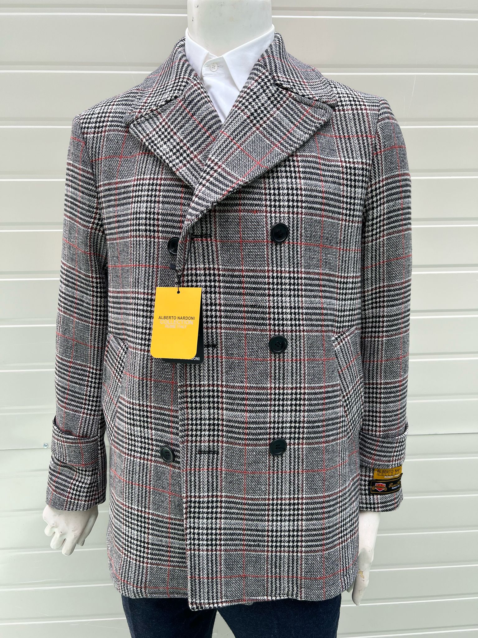 Mens Double-Breasted Houndstooth Plaid Overcoat in Black, White, and Red - Coat Size 38