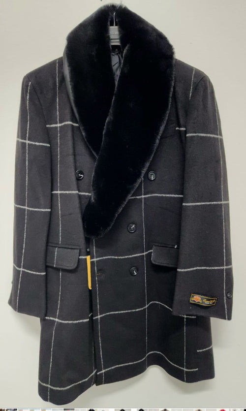 Mens Black Windowpane Wool Overcoat with Faux Fur Shawl Collar â€“ Double-Breasted Long Coat