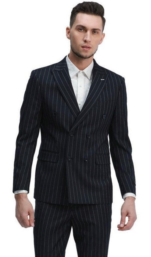 Mens Skinny Fit Double Breasted Pinstripe Suit Navy Peak Lapel Slim Fit - Coat Size 38