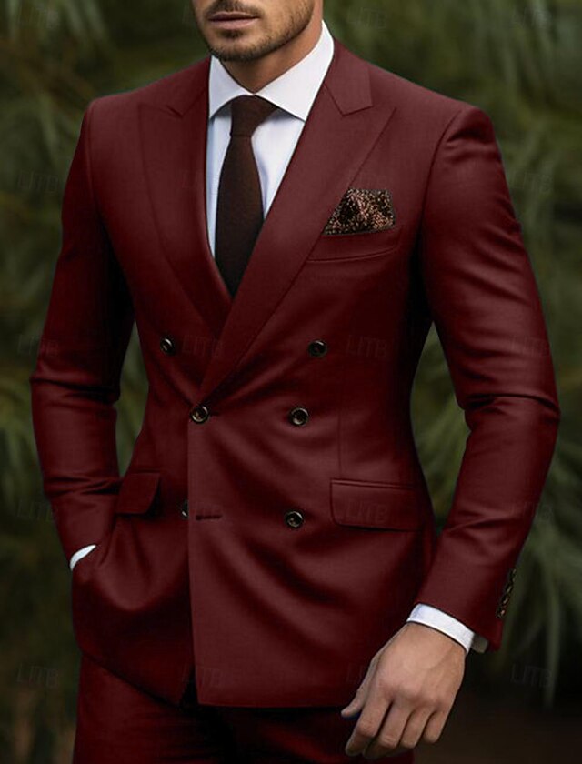 Double Breasted Slim Fit Suit - Burgundy Suit - Tapred Fit Pants - Coat Size 38