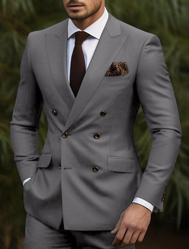 Double Breasted Slim Fit Suit - Dark Gray Suit - Tapred Fit Pants