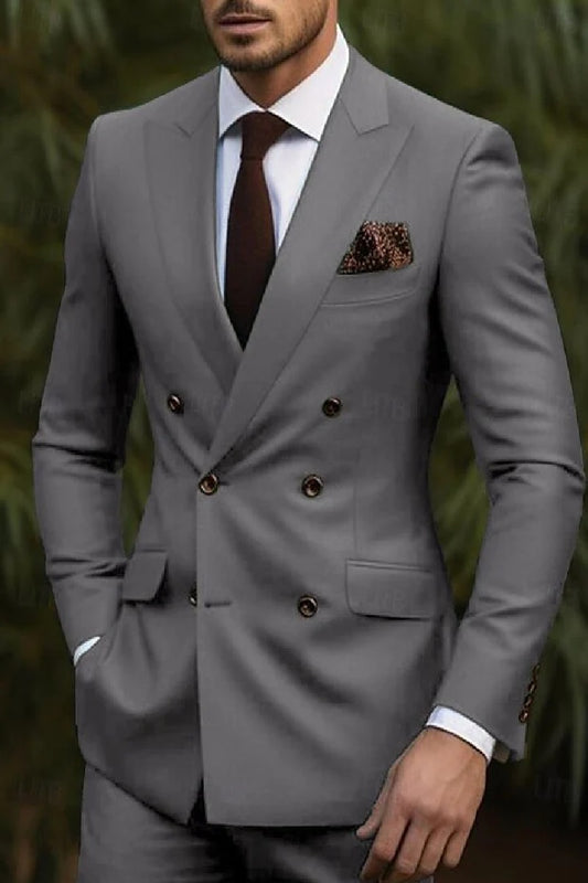 Double Breasted Slim Fit Suit - Dark Gray Suit - Tapred Fit Pants