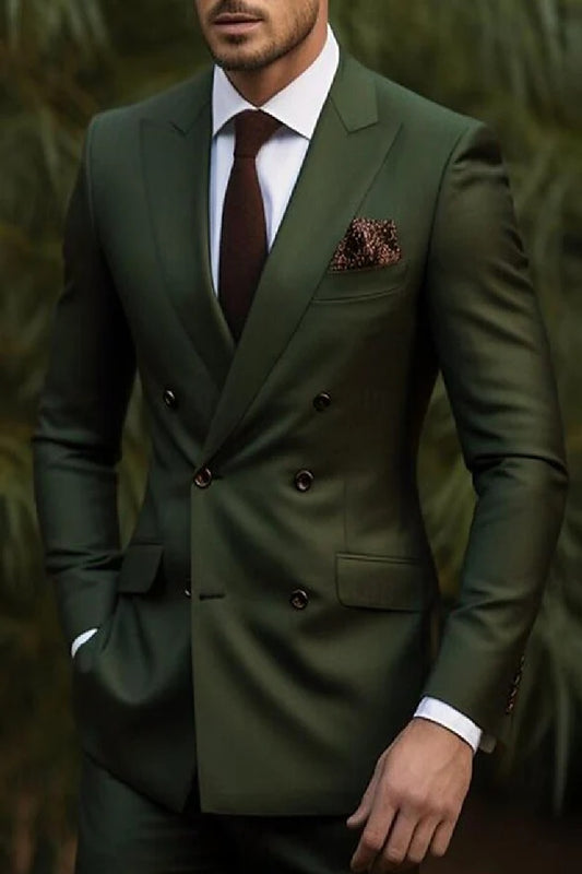 Double Breasted Slim Fit Suit - Dark Green Suit - Tapred Fit Pants