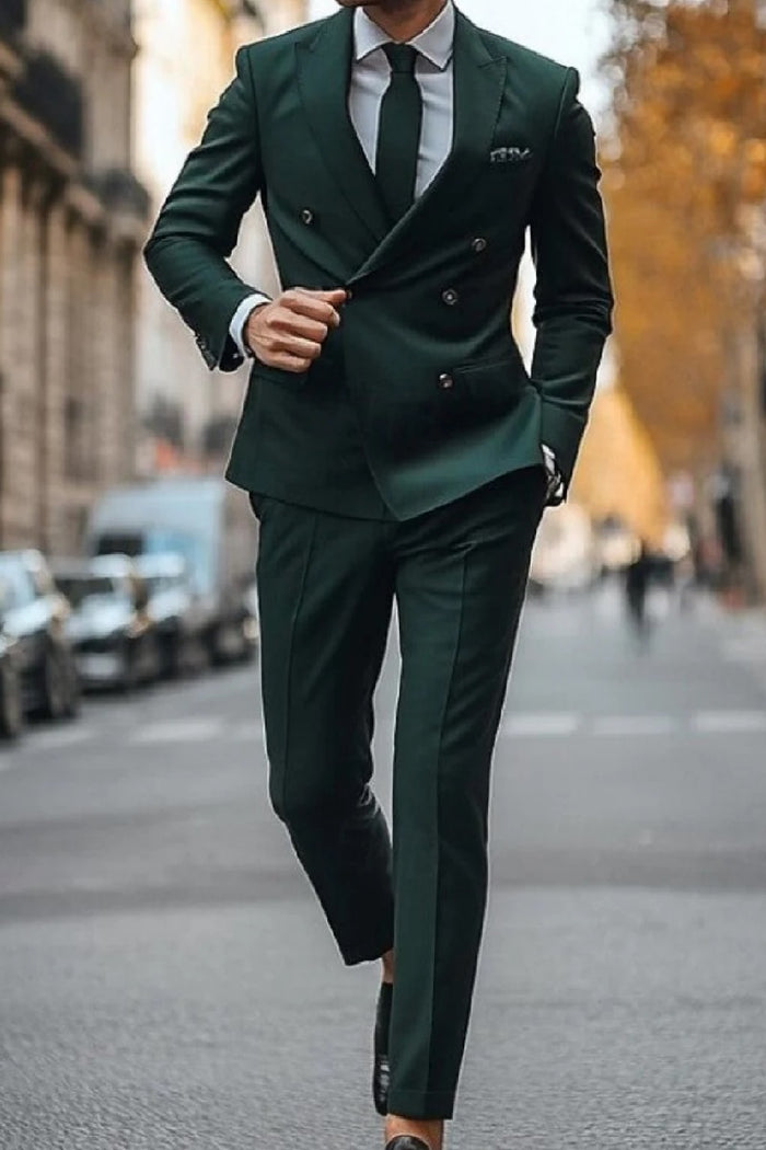 Slim Fit Double Breasted Suit Gold Buttons - Olive Suit - Designer Wool Suits green