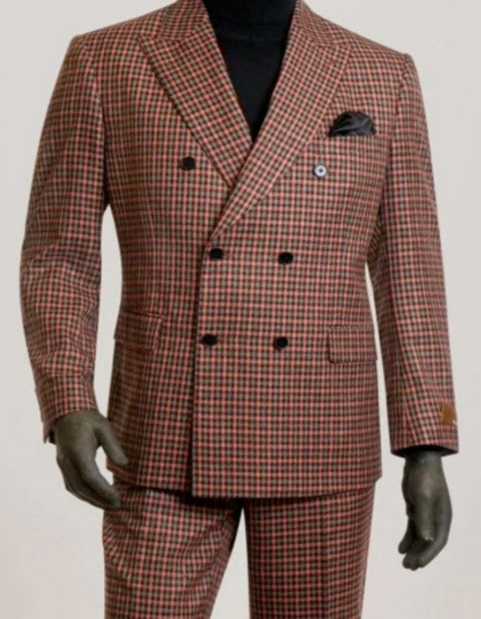 Double Breasted Suit in Gray and Orange By Steve Harvey Suit Clothing Line - Plaid Checkered Patterned Suit - Coat Size 38