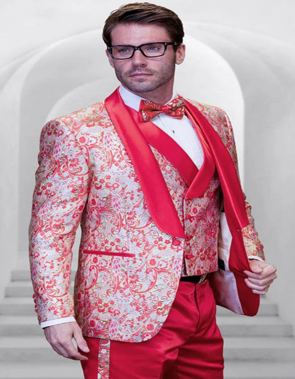 Men's One Button Paisley Wedding Tuxedo with Double Breasted Vest in Coral Orange - Coat Size 38