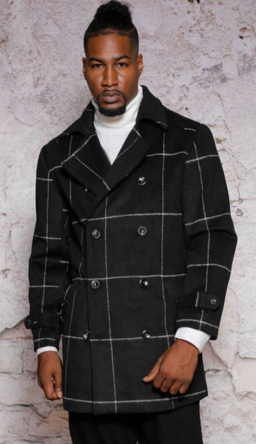 Mens Black Windowpane Check Wool Overcoat â€“ Double-Breasted Winter Peacoat