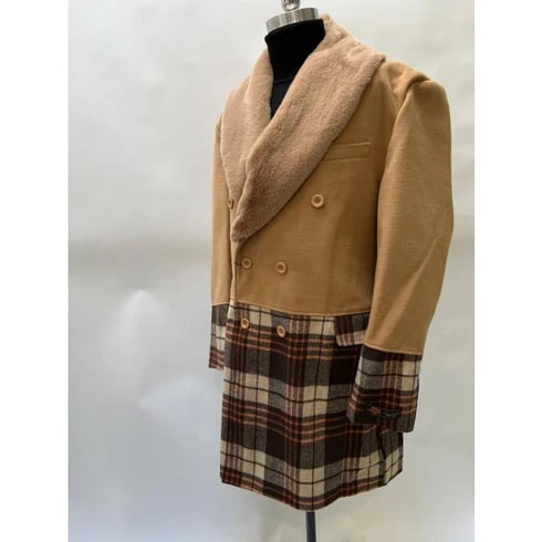 Mens Camel Brown Shawl Collar Overcoat with Plaid Wool Bottom – Double-Breasted Winter Topcoat With Fur Collar - Coat Size 38