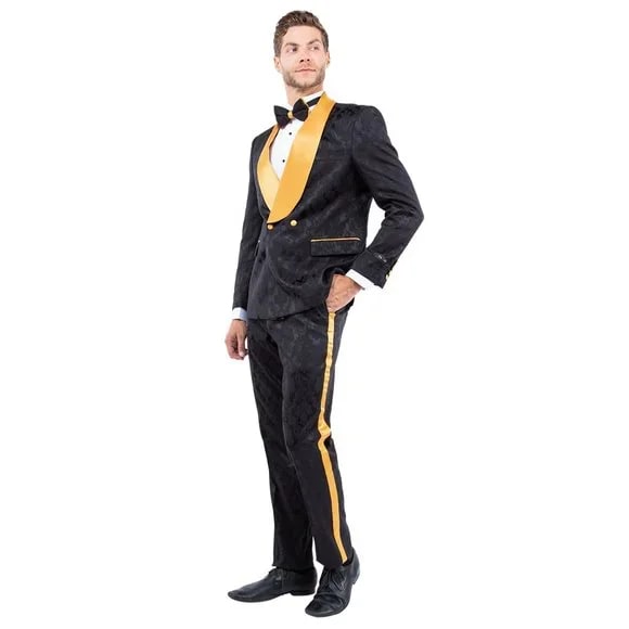 New Double-Breasted Skinny Fit Tuxedo By Tazio, Paisley Black & Gold - 38 Short Jacket+32 Waist Adjustable 28to34)(Height: 5 4 to5 7 )(Neck  15-16.5)S-M)