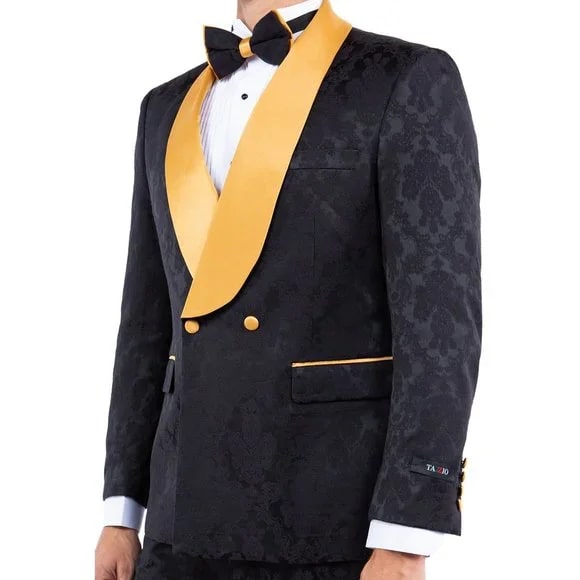 New Double-Breasted Skinny Fit Tuxedo By Tazio, Paisley Black & Gold - 38 Short Jacket+32 Waist Adjustable 28to34)(Height: 5 4 to5 7 )(Neck  15-16.5)S-M)