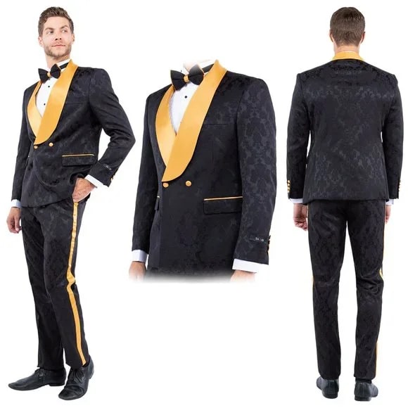 New Double-Breasted Skinny Fit Tuxedo By Tazio, Paisley Black & Gold - 38 Short Jacket+32 Waist Adjustable 28to34)(Height: 5 4 to5 7 )(Neck  15-16.5)S-M)