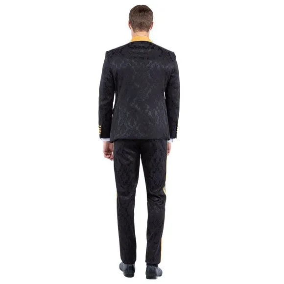 New Double-Breasted Skinny Fit Tuxedo By Tazio, Paisley Black & Gold - 38 Short Jacket+32 Waist Adjustable 28to34)(Height: 5 4 to5 7 )(Neck  15-16.5)S-M)