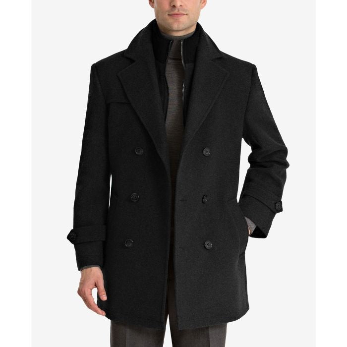 Double-Breasted Wool-Blend Peacoat with Knit Bib Inset black overcoat