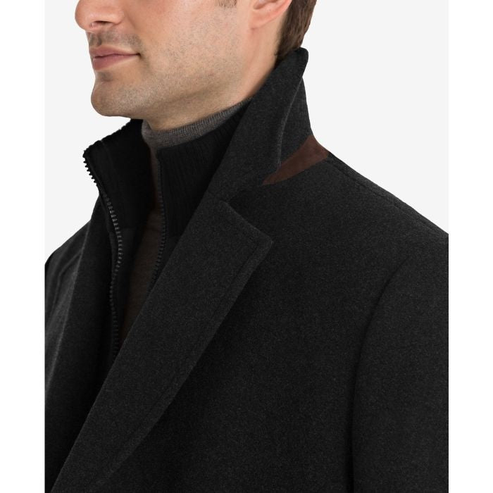 Double-Breasted Wool-Blend Peacoat with Knit Bib Inset black overcoat