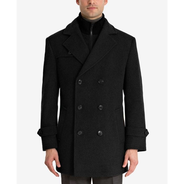 Double-Breasted Wool-Blend Peacoat with Knit Bib Inset black overcoat