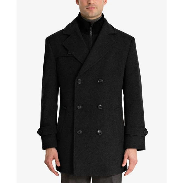 Luke Wool-Blend Classic-Fit Peacoat, black overcoat six button double - Coat Size 38
