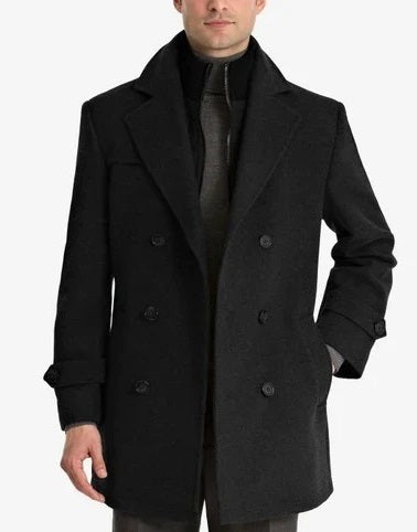 Double-Breasted Wool-Blend Peacoat with Knit Bib Inset black overcoat