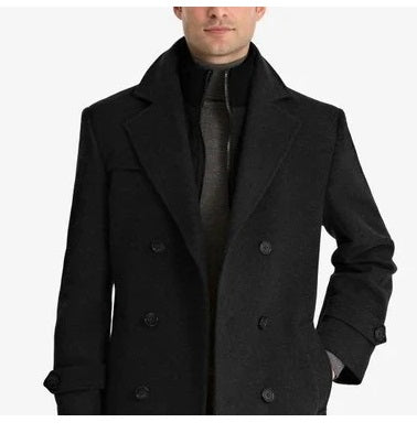 Double-Breasted Wool-Blend Peacoat with Knit Bib Inset black overcoat