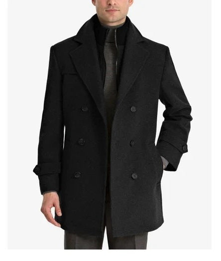 Double-Breasted Wool-Blend Peacoat with Knit Bib Inset black overcoat